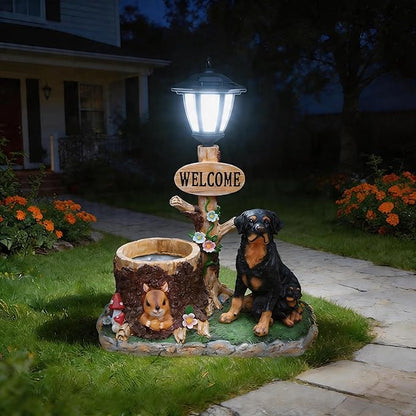 Solar Garden Statue with Planter & Solar Lantern, Outdoor Resin Animal Sculpture, Waterproof Yard Lawn Decor Pot for Succulents, Front Porch Ornament Housewarming Gift (Mother and Son Rottweilers)