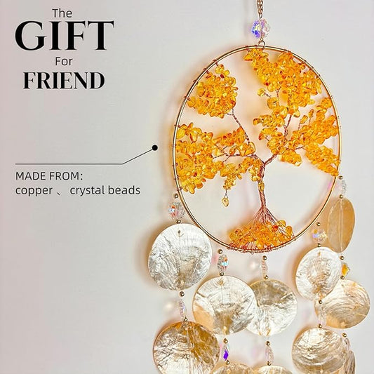 Gold Crystal Tree of Life Dream Catcher Suncatcher Capiz Shell Wind Chime Seashell Ceiling Cottage Core Decor Unique Indoor Outdoor Handmade for Women