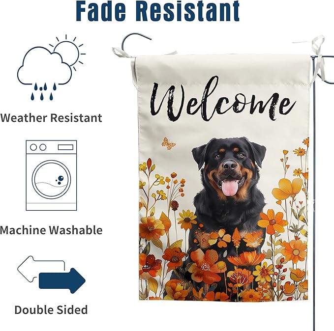 Rottweiler Fall Garden Flag Autumn Dog Yard Sign Orange Floral Thanksgiving Outdoor Banners for Outside 12x18 Double Sided Small Wild Flower Lawn Decorations