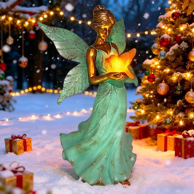 Solar Fairy Garden Statue Decor - 10 Inch Angel Girls Resin Figurine Waterproof Home Decoration with Hummingbird LED Lights for Bedroom Balcony Table Yard Patio, Gifts for Women Mom Grandma Birthday