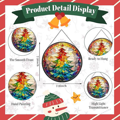 Christmas Tree Stained Glass Window Hanging, 7.9" Colorful Xmas Tree Sun Catcher Glass Panel with Chain, Christmas Trees Decor Handmade Suncatchers Xmas Gifts for Women Sister BFF