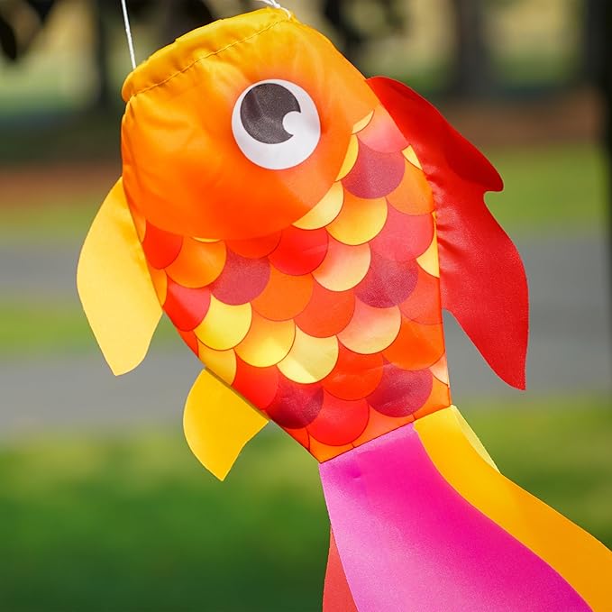 In the Breeze 5220 — 15-inch Hot Damsel Fish Windsock — Colorful Orange and Red Fishsock Hanging Garden Décor with Detailed Printed Graphics