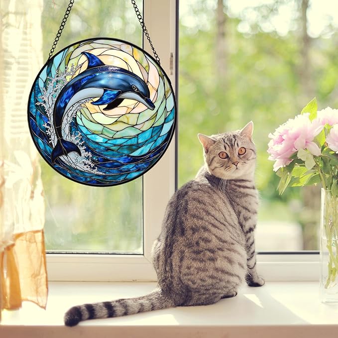 Dolphin Stained Glass Suncather for Window Hanging with Ocean Wave, 6.3'' Blue Dolphin Ornament Gift for Women, Ocean-Themed Home Decor Gift for Beach & Sea Lovers (Blue Dolphin, 6.3'')