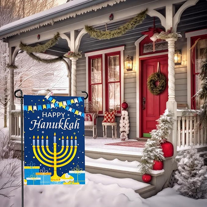 Happy Hanukkah Garden Flags 12 x 18 Inch Double Sided Jewish Holiday Menorah Star Candles Yard Flag for December Hanukkah Outdoor Decorations for Outside garden yard