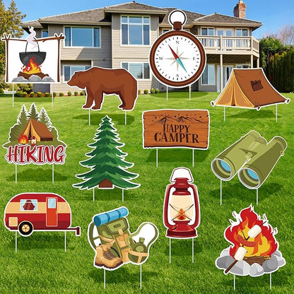 Amyhill 12 Pcs Spring Camping Yard Signs Decoration Happy Camper Decorations for Outdoor with Stakes Waterproof Decor Adventure for Summer Festive Holiday Party Patio Lawn Walkway Decorations