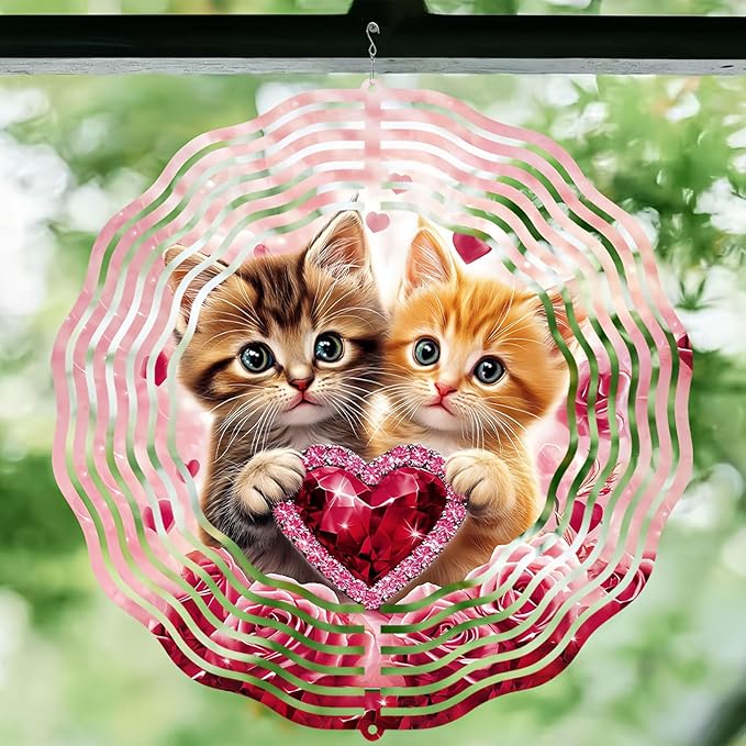 10 Inch Cat Wind Spinner, 3D Stainless Steel Hanging Kinetic Wind Sculpture Gifts for Garden Yard Art Indoor Outdoor Window Porch Front Door Decor, Women, Spring Decorations