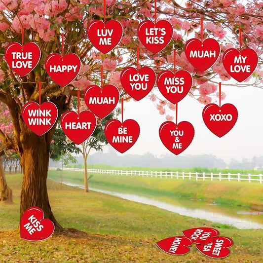 Rtteri 30 Pieces Valentine's Day Outdoor Hanging Heart Ornaments 6 Inch Romantic Conversation Hearts Double-Sided Plastic Lawn Heart Hanging Decor for Valentine Wedding Porch Tree Yard Lawn Decor