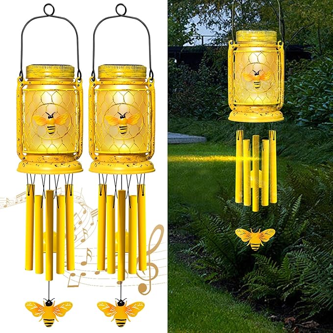 2 Pack Solar Bee Wind Chimes for Outside for Mom Women Grandma,Solar Bee Mason Jar Wind Chime Light Unique Hanging Wind Chimes Outdoor,IP65 Waterproof, for Yard Garden Terrace