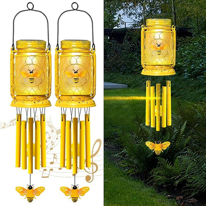 2 Pack Solar Bee Wind Chimes for Outside for Mom Women Grandma,Solar Bee Mason Jar Wind Chime Light Unique Hanging Wind Chimes Outdoor,IP65 Waterproof, for Yard Garden Terrace