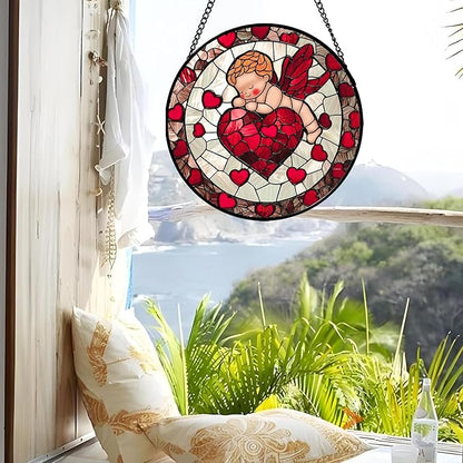 Stained Glass Window Hanging - Red Love Angel Sun Catcher for Door Garden Home Decor Cute Suncatcher Christmas Mother's Day Birthday for Women Men Mom Nana 11.8 in