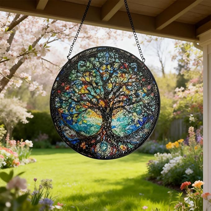 Stained Glass Window Hanging, Tree of Life Suncatcher Glass Panel Decor, Light Catcher Ornament Decoration for Outdoor Indoor Garden Porch Patio, Birthday Housewarmin Gift for Women Men Mom, 7.8 Inch