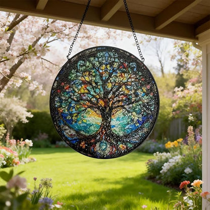Stained Glass Window Hanging, Tree of Life Suncatcher Glass Panel Decor, Light Catcher Ornament Decoration for Outdoor Indoor Garden Porch Patio, Birthday Housewarmin Gift for Women Men Mom, 7.8 Inch