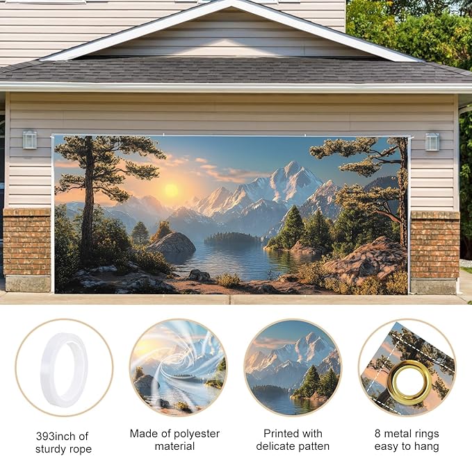 ANNA QUEEN Mountain Lake Sunset Garage Door Banner 6 x 13FT, Scenic Lake, Forest, and Snowy Mountains Sunset, Nature Landscape Backdrop for Yard, Parties, Holiday Home Decor