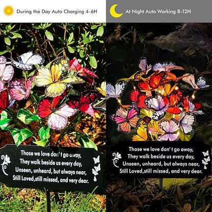 Solar Butterfly Memorial Stake for Graves - Metal Cemetery Garden Decor with LED Lights - Sympathy Remembrance Plaque to Honor Mother Father - Weatherproof Outdoor Bereavement Tribute(with Flowers)