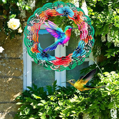 Hummingbird Wind Spinners Hanging Outdoor Decor, 12 Inch 3D Kinetic Yard Art Hummingbird Metal Sculpture Birthday Gifts for Bird Lovers, Mom, Women for Yard, Garden