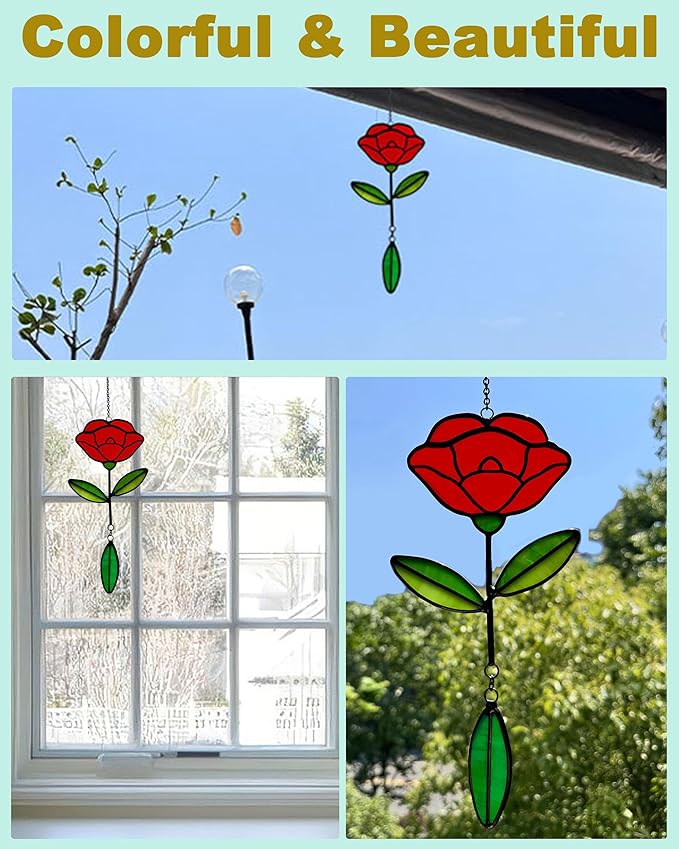 Stained Glass Window Hangings, Handcrafted Garden Suncatchers for Window and Home Decor Decor, Unique Artisan Glass Ornaments for Indoor and Outdoor Use, Red Flower