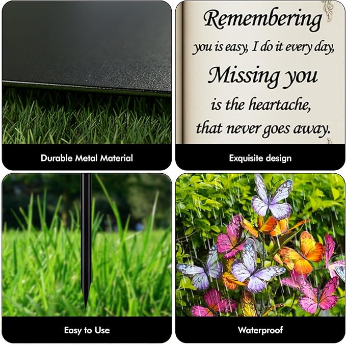 Solar Bible Cross Memorial Stake - Metal Silhouette Religious Grave Decoration for Cemetery - Flat Christian Cross Stake with Butterfly Lights - Cemetery Flower Decor for Grave, Sympathy Gift