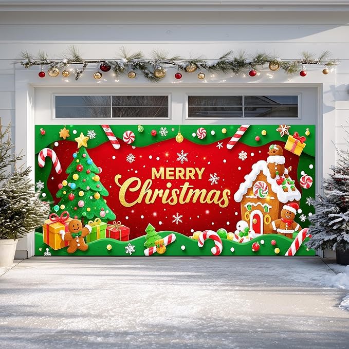 IVN Candy Cane Gingerbread Christmas Scene Garage door banner Door Cover Indoor And Outdoor Studio Background Hanging Decoration 13x6ft
