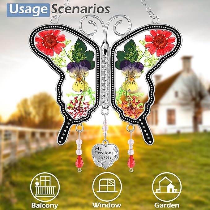 KY&BOSAM Suncatcher Butterfly Glass My Precious Sister Suncatchers Ornament hangings for Windows Wind Chime with Pressed Flower Butterfly Embedded in Glass Mother`s Day Birthdays
