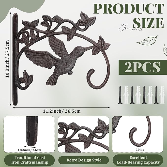 Frienda 2 Pack Cast Iron Plant Hanger Wall Hooks 11.2in Heavy Duty Hanging Plant Hooks Decorative Hummingbird Shape Brackets Vintage Metal Hanger Bracket for Hanging Baskets Bird Feeders Wind Chimes