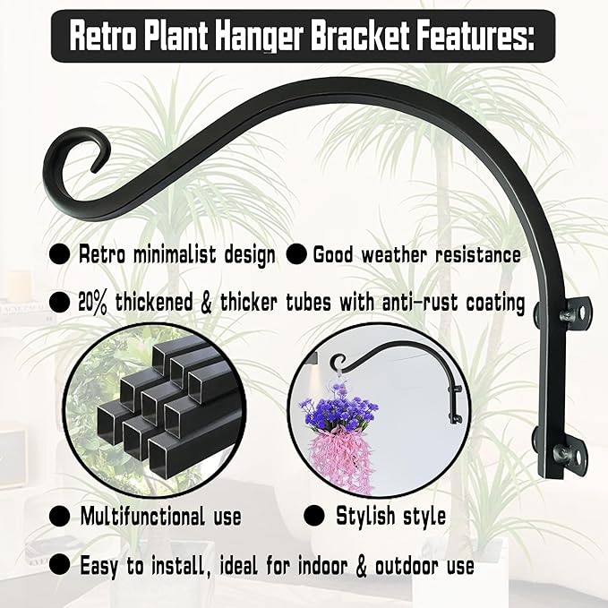 Hanging Plant Bracket, 12 inch Wall Mount Plant Hanger Outdoor Indoor, Set of 2 Retro Style Outdoor Hanging Basket Bracket Hooks for Plants Flower Bird Feeder Lanterns Wind Chimes