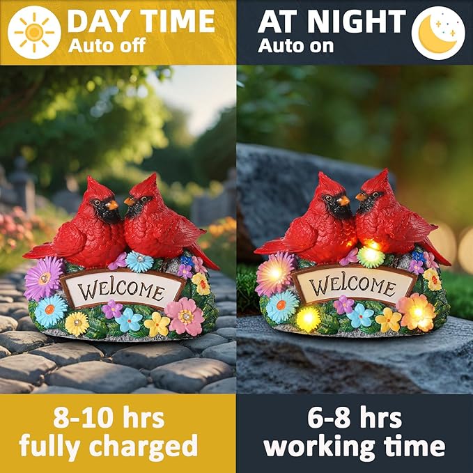 Solar Garden Statues 5.3" Couple Red Cardinal Figurines with Welcome Sign Waterproof Flower Garden Decor LED Lights for Outdoor Yard Patio Lawn Gifts for Mother Grandma Wife Sister Women