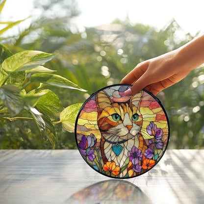 Cat Flower Suncatcher Stained Glass Window Hanging, Orange Cat Sun Catchers Indoor Window Glass Wall Art Decor, Kitten Floral Wall Hanging Decor Decorations, 7.9x7.9 Inch