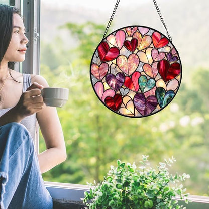 Heart Stained Glass Suncather for Window Hanging, 7.9'' Pink Love Heart Ornament Gift for Women Mom, Romantic Wall Art Home Decor Gifts for Anniversary Wedding (Pink Heart, 7.9'')