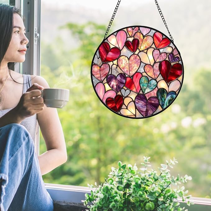 Heart Stained Glass Suncather for Window Hanging, 6.3'' Pink Love Heart Ornament Gift for Women Mom, Romantic Wall Art Home Decor Gifts for Anniversary Wedding (Pink Heart, 6.3'')