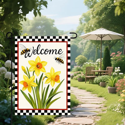 IVN Welcome Garden Flag 12x18 Inch Double Sided Spring Summer Garden Yard Flags Daffodils Bees Decorative Small Flags for Outdoor Seasonal Front Door Lawn Porch Patio Decor Yard Flag