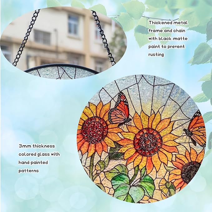 Sunflower Stained Glass Window Hanging Suncatcher, Round Floral Panel with Butterfly, Colourful Window Decor for Home Garden Conservatory Wall, Nature Lover Gift for Mum Grandma