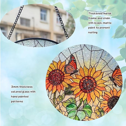 Sunflower Stained Glass Window Hanging Suncatcher, Round Floral Panel with Butterfly, Colourful Window Decor for Home Garden Conservatory Wall, Nature Lover Gift for Mum Grandma