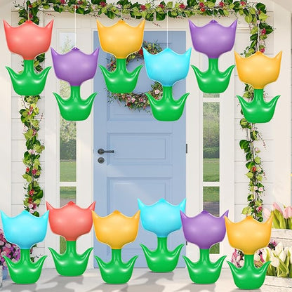 12 Pieces 12 Inch Spring Inflatable Decor Large Tulip Flower Inflatable Hanging Ornaments Easter Spring Yard Decoration Indoor Outdoor Colorful Tulips for Yard Home Birthday Party Decor