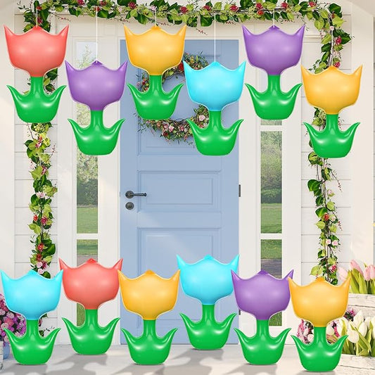 12 Pieces 12 Inch Spring Inflatable Decor Large Tulip Flower Inflatable Hanging Ornaments Easter Spring Yard Decoration Indoor Outdoor Colorful Tulips for Yard Home Birthday Party Decor