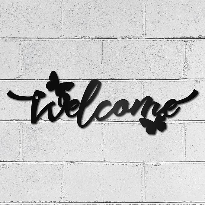 CREATCABIN Welcome Flower Metal Sign Wall Art Decor Rustic Letter Signs Black Hanging Word Decoration for Front Door Home Entry Indoor Outdoor Living Room Aesthetic Bedroom 3.9 x 11.8 Inch