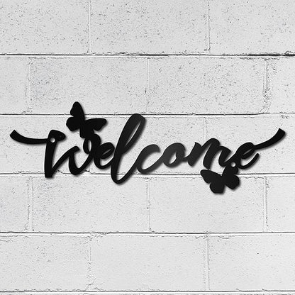 CREATCABIN Welcome Flower Metal Sign Wall Art Decor Rustic Letter Signs Black Hanging Word Decoration for Front Door Home Entry Indoor Outdoor Living Room Aesthetic Bedroom 3.9 x 11.8 Inch