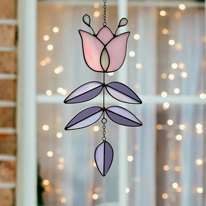 Pink Tulip Stained Glass Suncatcher, Folk Flower Stained Glass Window Hanging Sun Catcher, Healing Boho Decor, Handmade Flower Gifts for Indoor Window, 9.4" x 4.7"