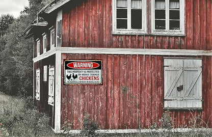 Funny Chicken Sign, Metal Chicken Coop Tin Signs, This property is protected by chickens, Yard Sign Garage Farm Garden Wall Decor Sign Plaque Outdoor for Home Fence 8 X 12 Inches