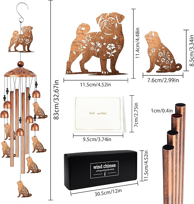 Pug Wind Chimes for Outside, Pug Gifts for Women Men Dog Lovers Metal Windchimes Outdoors, Floral Butterfly Dog Design Home Garden Patio Yard Decor