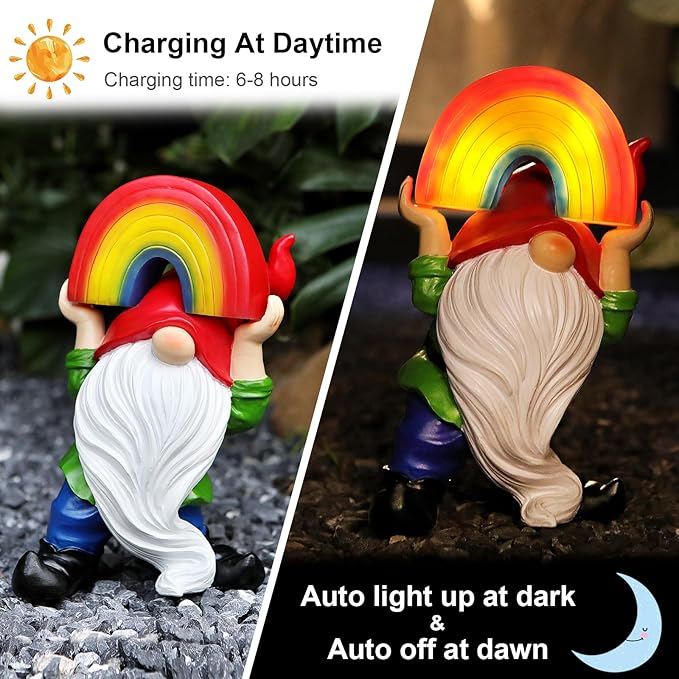 LEGIFO Garden Gnome Statue with Rainbow Solar Lights Large Garden Sculptures Outdoor Decorations Patio Lawn Yard Garden Decor Gifts for Women Mom