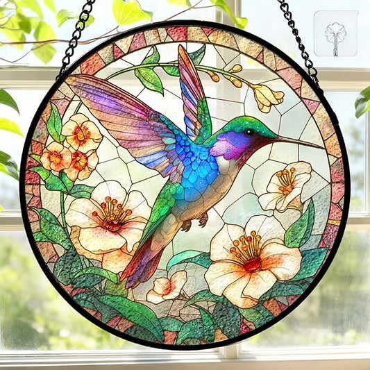 7.8 Inch Stained Glass Window Hanging Hummingbird Flower Sun Catcher Indoor Window Door Wall Yard Home Decor Bird Ornament Colorful Glass Panel Suncatcher Gifts for Women Men Mom Grandma Bird Lovers