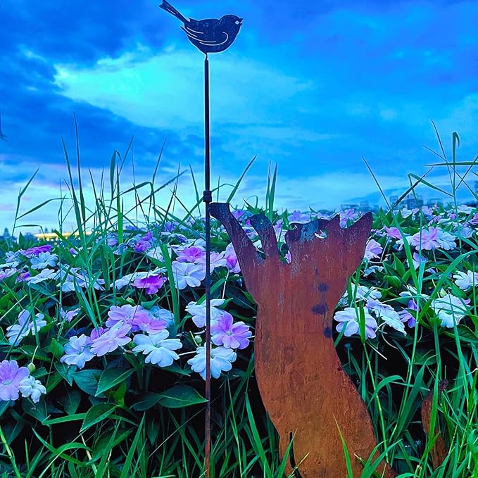 27.17” Metal Cat and Bird Silhouette Stake - Rustic Garden Statue, Outdoor Yard Decoration, Cat Lover’s Gift, Weather-Resistant Garden Ornament