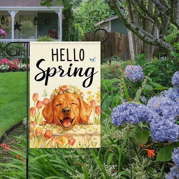 Hello Spring Golden Retriever Dog Garden Flag,Smiling Golden Retriever Spring Garden Flag for Outside Porch Lawn Yard Flags for Outdoor Decorations 12x18 Inch Double Sided
