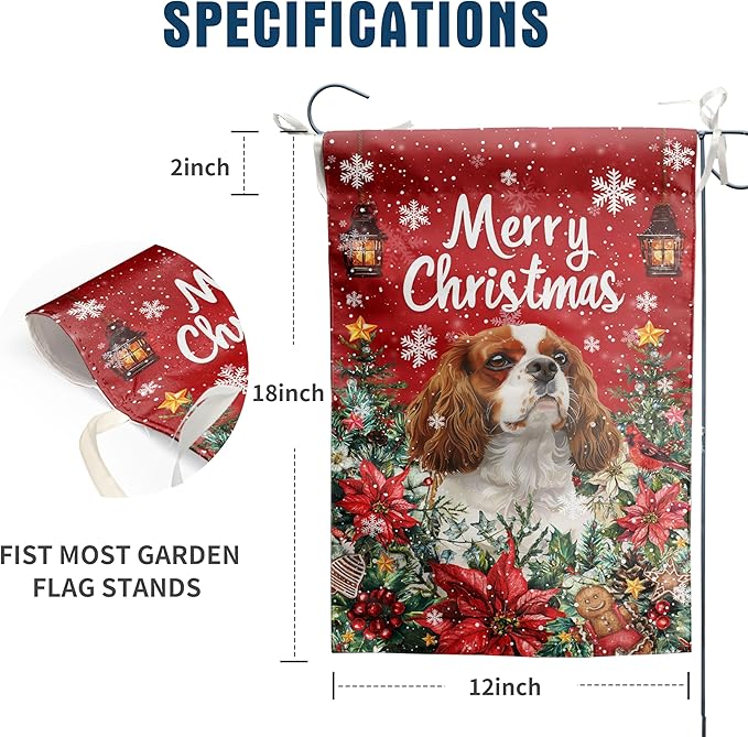 Christmas Cavalier King Charles Spaniel Garden Flag Merry Christmas Dog Yard Flag for Outside Xmas Flags 12x18 Double Sided Red Poinsettia Garden Flags Winter Porch Decorations Outdoor