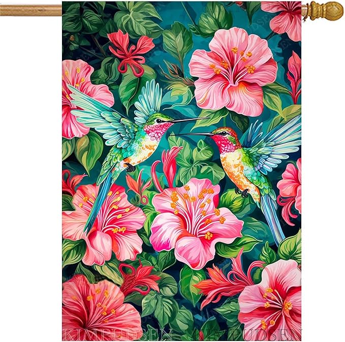 Spring Summer House Flag 28 x 40 Inch Double Sided, Colorful Hummingbird Floral Garden Flag Large Outdoor Seasonal Flags for Garden Patio Lawn Decor
