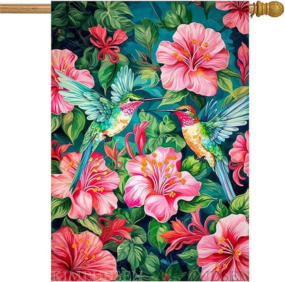 Spring Summer House Flag 28 x 40 Inch Double Sided, Colorful Hummingbird Floral Garden Flag Large Outdoor Seasonal Flags for Garden Patio Lawn Decor