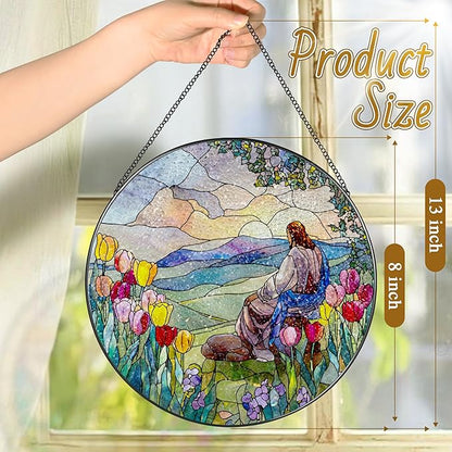Stained Glass Suncatcher, Jesus and Sunrise Sun Catcher Ornament; Stained Glass Window Hanging, Christmas Ornament, Christian Home Decor; Baptism Gift, Christian Gifts, Religious Gifts