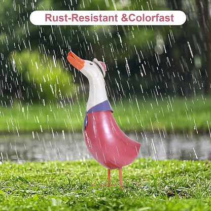 14" Retro Metal Porch Goose Statue for Yard and Garden,Heavy Duty Iron Pink Garden Statues for Outside Duck Decor,Cartoon Yard Statues Outdoor Goose Decor as Duck Gifts Easy to Assemble