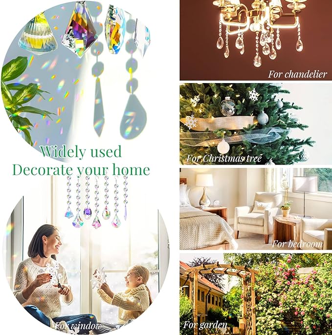 Sun Catchers with Crystals, 7 Pcs Hanging Crystals Suncatchers for Windows, Colored Suncatchers Prisms Glass Pendant for Chandeliers, Garden, Christmas Tree Decoration
