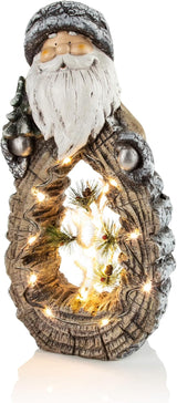 Alpine Corporation 21" Tall Santa Christmas Statue with Carved Wood Look and 16 Warm LED Lights, Timer Function, Indoor/Outdoor Holiday Decoration for Porch or Entryway